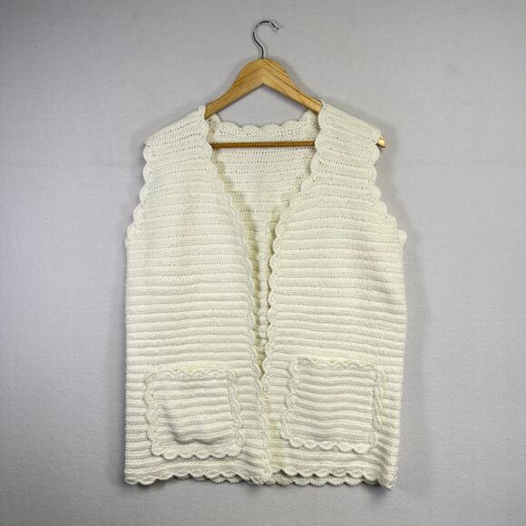Woman's Crochet Knit White Sleeveless Cardigan - L/ XL Cottagecore Boho Vintage - Picture 1 of 8